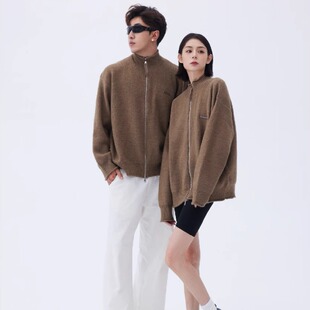 CHAWALANDRO夏瓦兰卓复古咖色卷边毛衣男女抗起球情侣针织衫