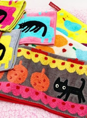 日单毛巾美术馆俣野温子猫小黑猫猫咪全棉纯棉方巾atsuko matano