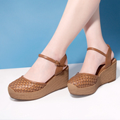 子高跟女鞋 包头凉鞋 真皮编织坡跟鞋 复古厚底松糕鞋 女春夏2026新款