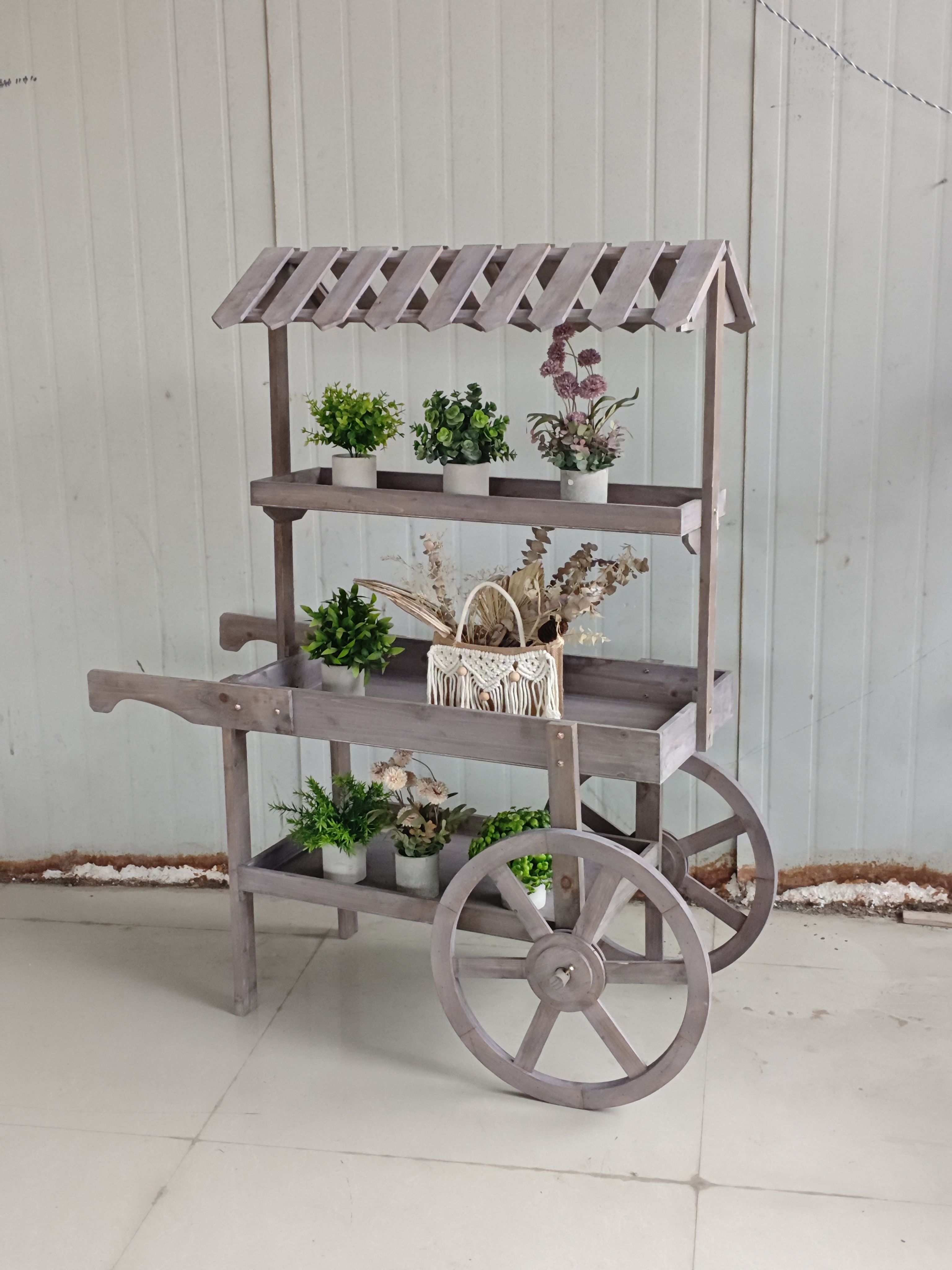 田园花架实木推车置物架阳台收纳架商场创意促销车户外装饰大摆件