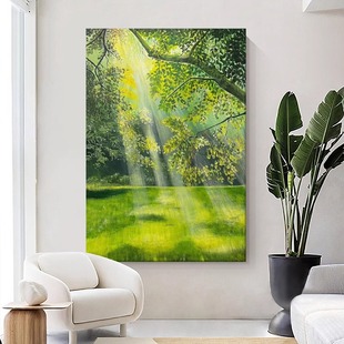 小众丁达尔效应手绘油画绿色树木森林风景装饰画玄关丙烯肌理挂画