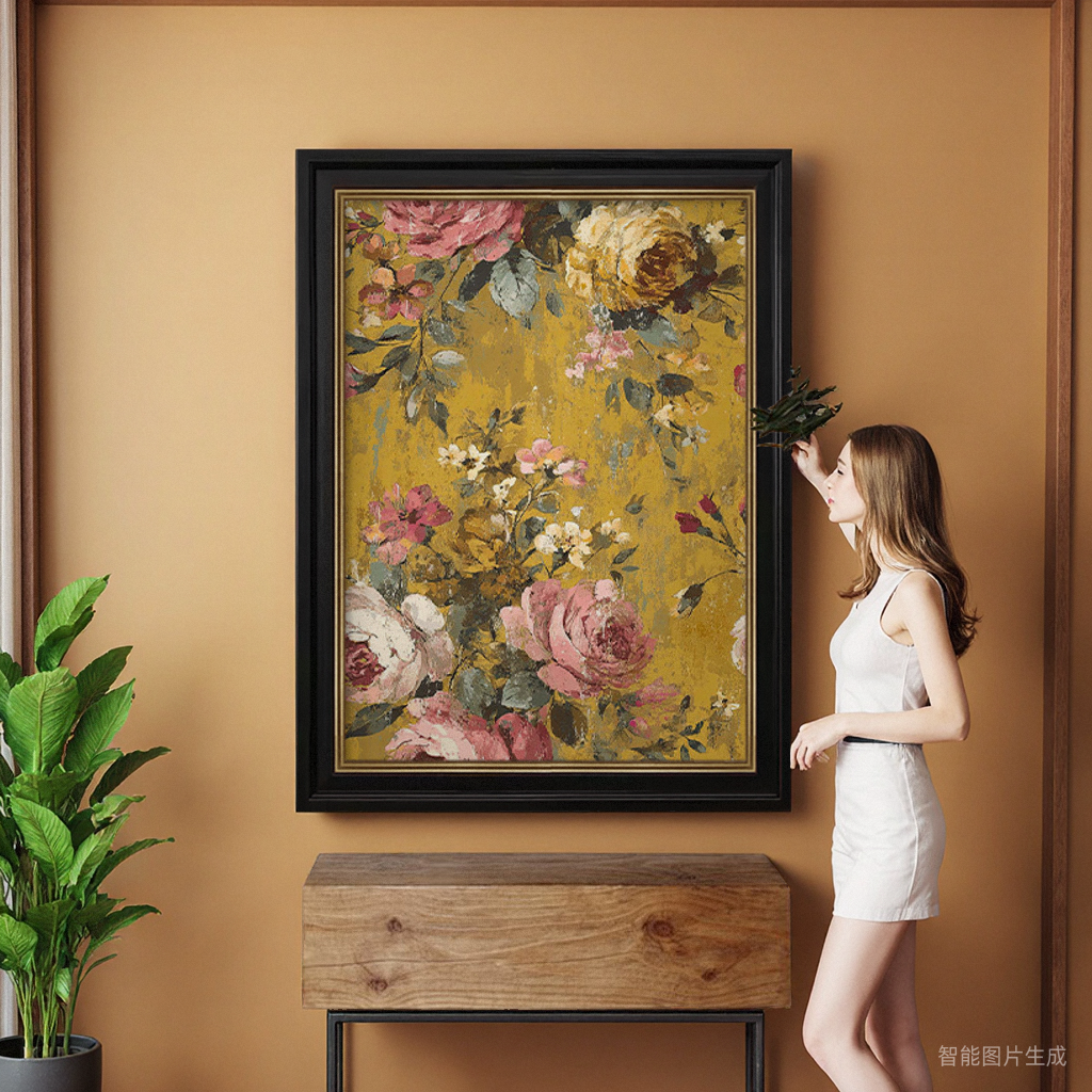 中古风花卉客厅纯手绘油画复古装饰画法式餐厅背景墙卧室挂画玄关图片