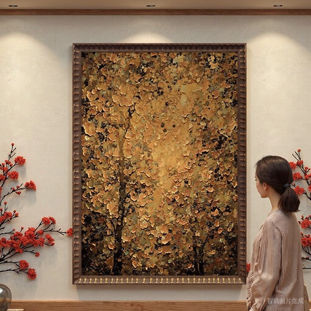 法式中古风发财树手绘油画客厅肌理高级感装饰画小众玄关艺术挂画图片