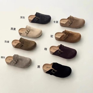 opel欧宝25秋冬新品圆包头真皮扣带休闲厚底内增高勃肯拖鞋女半拖