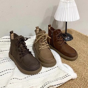 TOMBOR通宝2025秋冬新品哑光擦色牛皮休闲小短靴系带厚底马丁靴