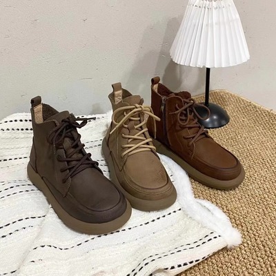 TOMBOR通宝2025秋冬新品哑光擦色牛皮休闲小短靴系带厚底马丁靴