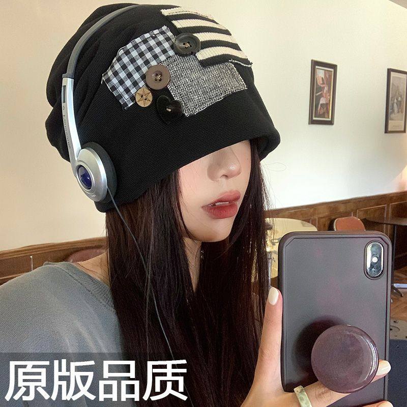 贴布纽扣堆堆帽女秋冬季日系大头围冷帽韩版显脸小黑色包头帽子潮,服饰配件/皮带/帽子/围巾,帽子,淘宝优惠券,粉丝福利购,淘宝优惠卷