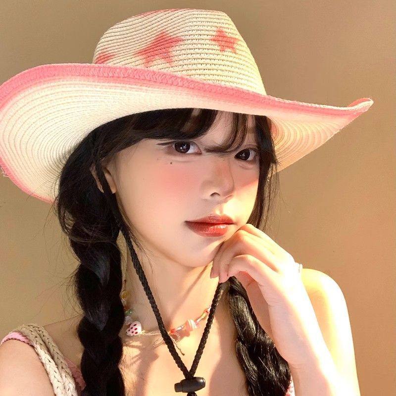 粉色星星西部牛仔帽女夏大帽檐遮阳防晒草帽海边沙滩拍照太阳帽子