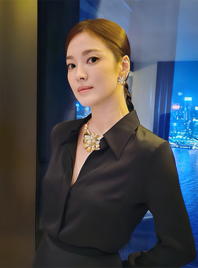 2026春季新款真丝桑蚕丝衬衫女轻奢高级感黑色法式v领丝绸衬衣