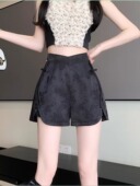 黑色提花休闲短裤 女夏国风中式 高腰a字热裤 大码 遮肚宽松阔腿短裤