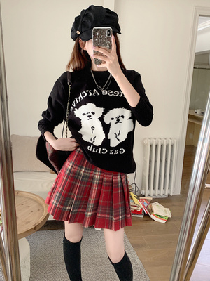 美式复古学院风红格子百褶裙女大码高腰显瘦毛呢半身裙秋冬a字裙