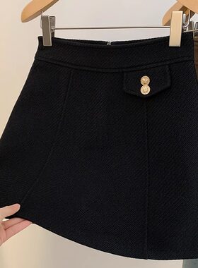 金属扣大码加厚毛呢短裙a字半裙