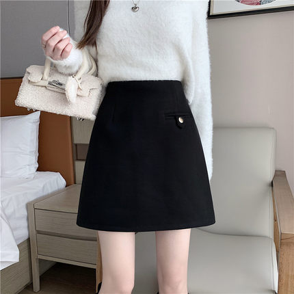 加厚毛呢半身裙女秋冬2023新款防走光半裙小个子高腰包臀a字短裙