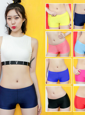 女士防走光平角泳裤保守女黑色游泳裤单独四角纯色打底泳裤加大码