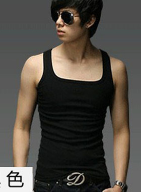 夏季工字背心男纯棉运动打底衫修身型弹力纯色方领韩版潮紧身包邮