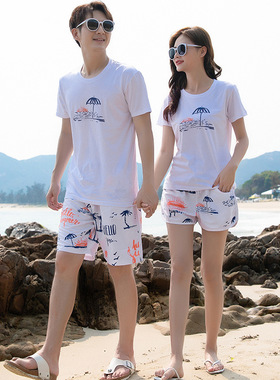 速干沙滩裤男女短裤短袖可下水乐园海边度假情侣款套装五分游泳裤
