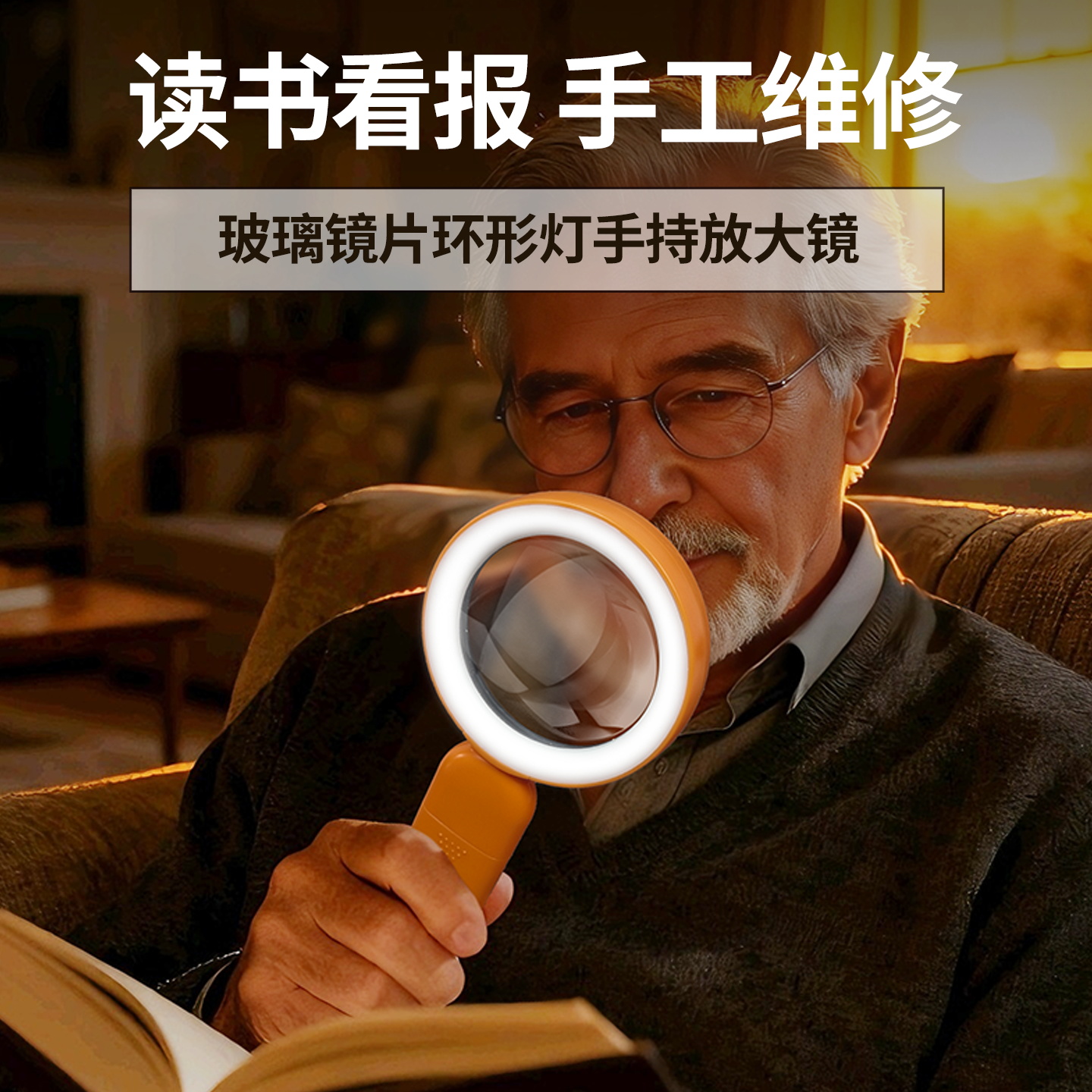 拜斯特手持放大镜老人阅读高清带灯玻璃镜片看书做手工玻璃非球面