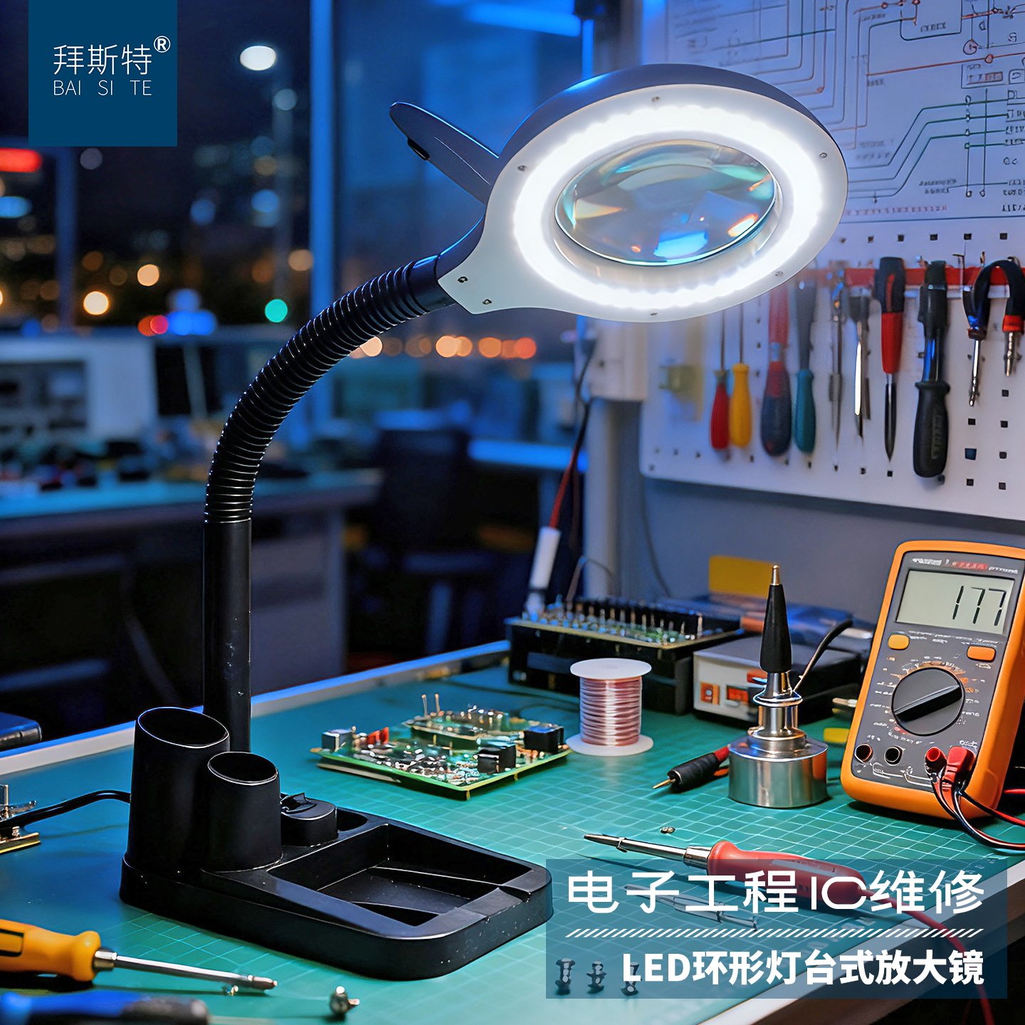 拜斯特高清台式放大镜台灯带LED手机维修老人阅读工作办公学习