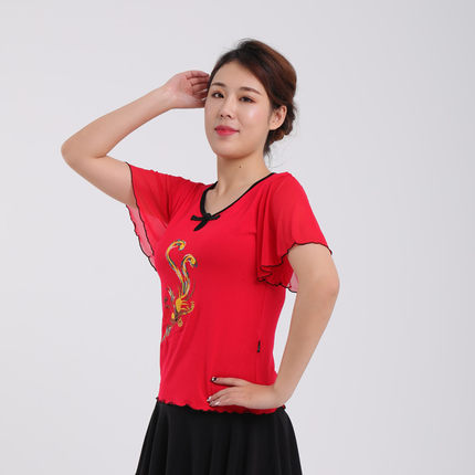 断码广场舞服装拉丁衣健身成人刺绣短袖练功跳舞服中老年表演上衣