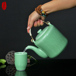 家用耐高温过滤加厚茶具 小利青瓷大号泡茶壶陶瓷铜把手提梁壶套装