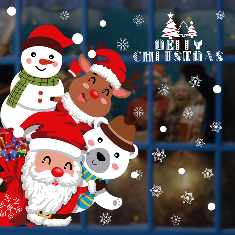 圣诞快乐老人雪人雪花墙贴新年自粘橱窗玻璃店面窗花贴卡通可爱
