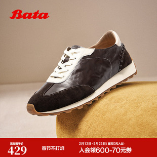 Bata羊皮书黑胶德训2025秋商场新款德训厚底运动休闲鞋女AAK20CM5