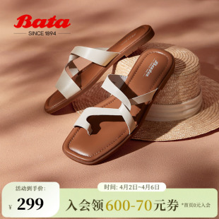 新款 牛皮软底外穿夹趾凉拖ARP23BT4 女夏季 Bata罗马假日拖鞋