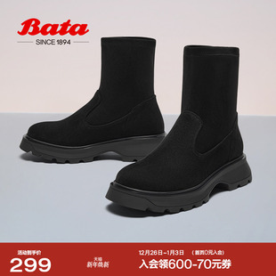 Bata弹力瘦瘦靴女冬季 通勤百搭粗跟短筒靴68810DZ4 新款
