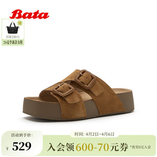 复古厚底牛剖皮休闲拖鞋 ACL03BT6 时尚 Bata勃肯拖女2026夏商场新款