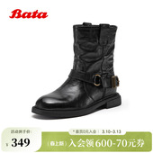 复古抓纹牛皮粗跟西部牛仔靴58018DZ5 新款 Bata时装 靴女冬季