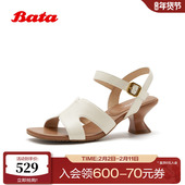 女2026夏季 商场新款 时尚 Bata一字带凉鞋 优雅中跟羊皮凉鞋 ABH06BL6