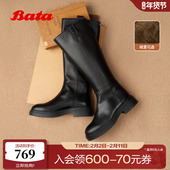 Bata及膝骑士靴女2025冬商场新款 牛皮粗跟百搭加绒长筒靴AC247DG5