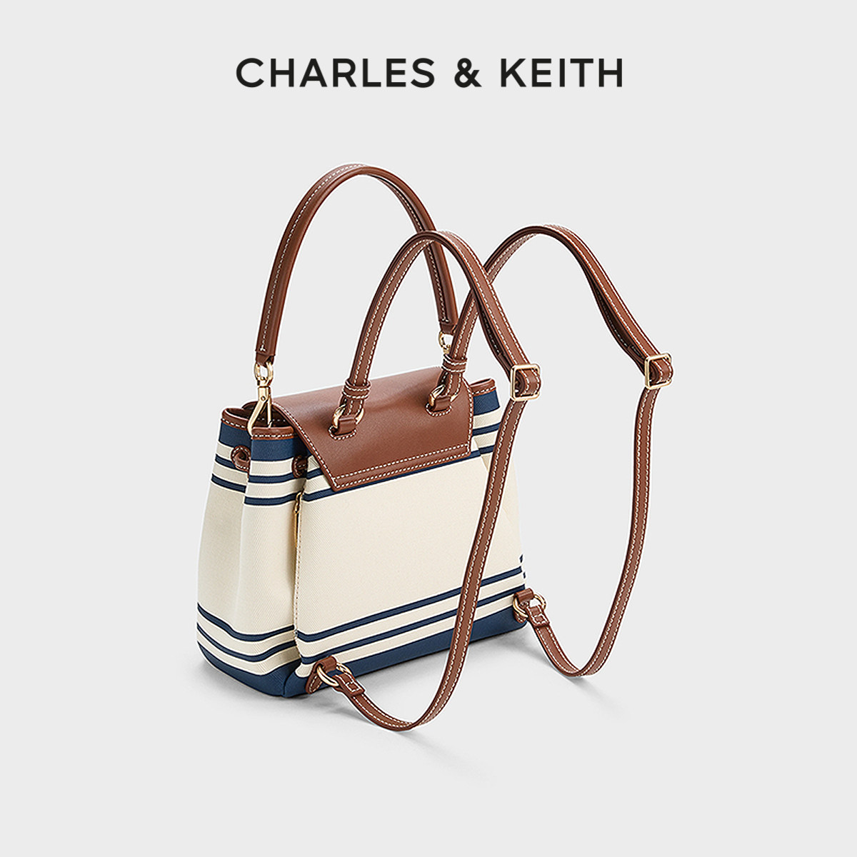 CHARLES&KEITH26夏新品CK2-60840692-A帆布条纹双肩包手提斜挎包