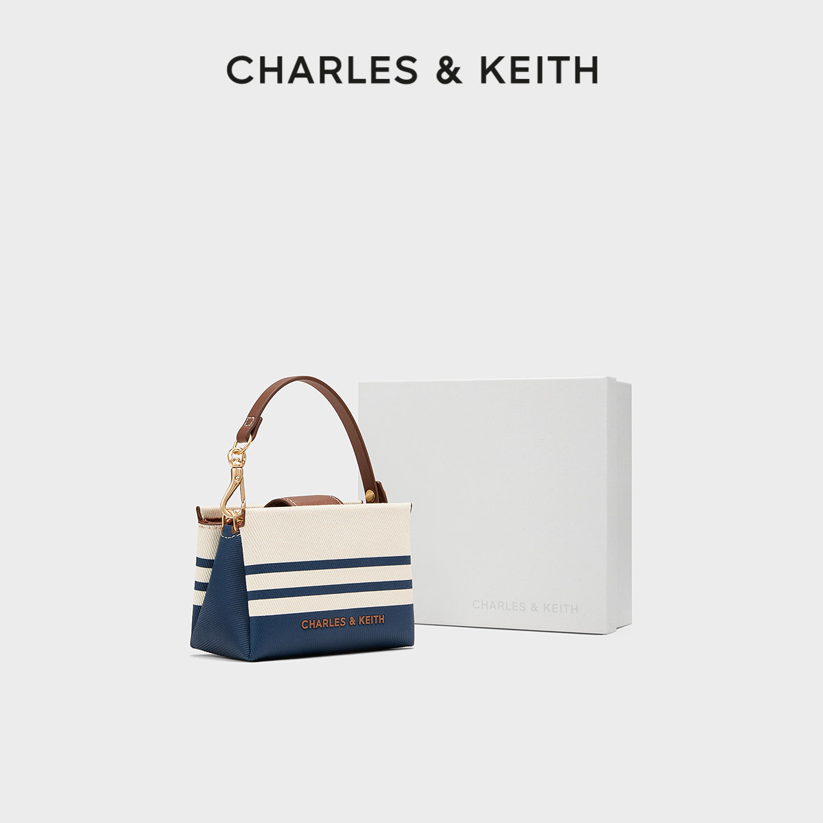 CHARLES&KEITH26夏新品CK6-30770642-A帆布条纹迷你链条包斜挎包