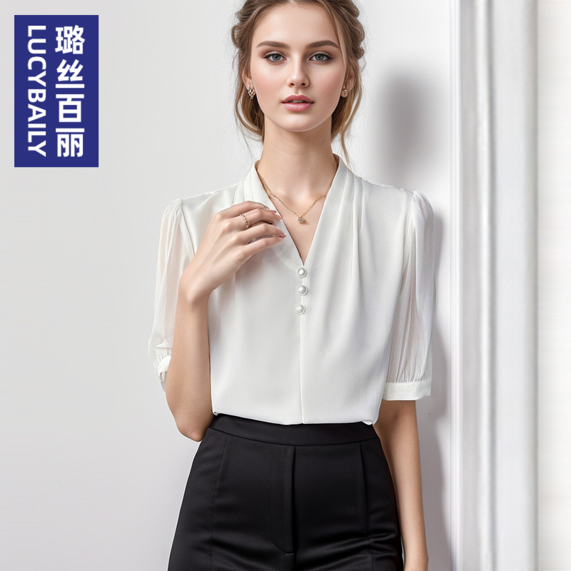 五分袖衬衫璐丝百丽职业通勤白色
