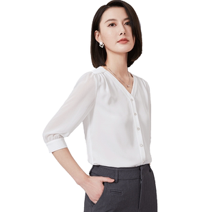 璐丝百丽白色v领衬衫女雪纺七分袖夏季衬衣宽松显瘦职业短袖上衣