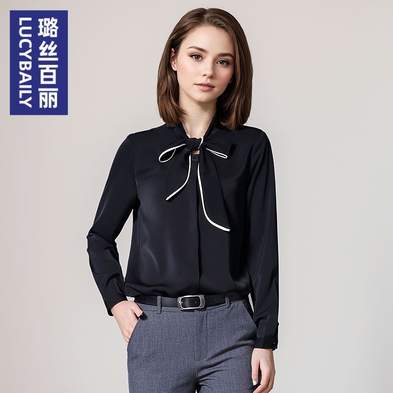 璐丝百丽蝴蝶结长袖衬衫女士时尚职业通勤百搭高人气衬衣2025新款
