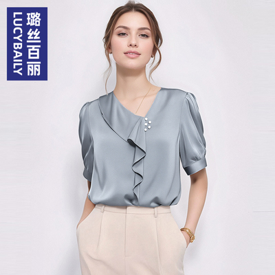 浅灰色短袖雪纺衬衫女职业装2025夏款不对称荷叶边轻奢高级感衬衣