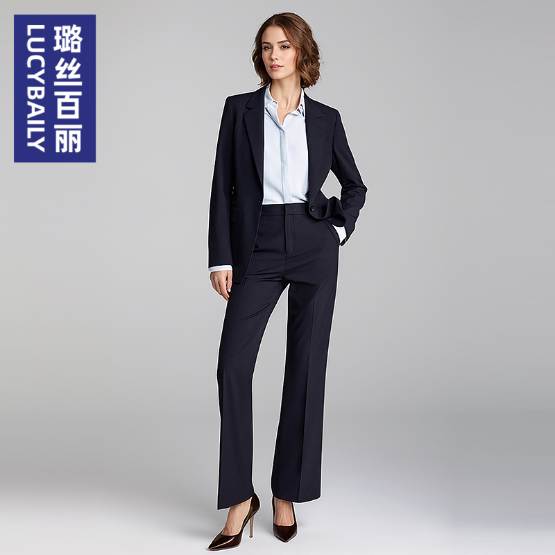 璐丝百丽藏青色高级感金属扣正装套装女春秋职场通勤廓形西装外套