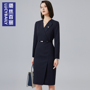 璐丝百丽藏蓝色v领连衣裙女长袖春中长款西装裙高端气质职业裙子