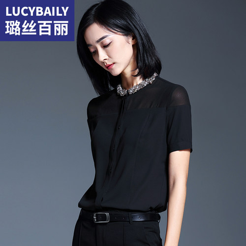 璐丝百丽黑色衬衫女短袖夏雪纺衫