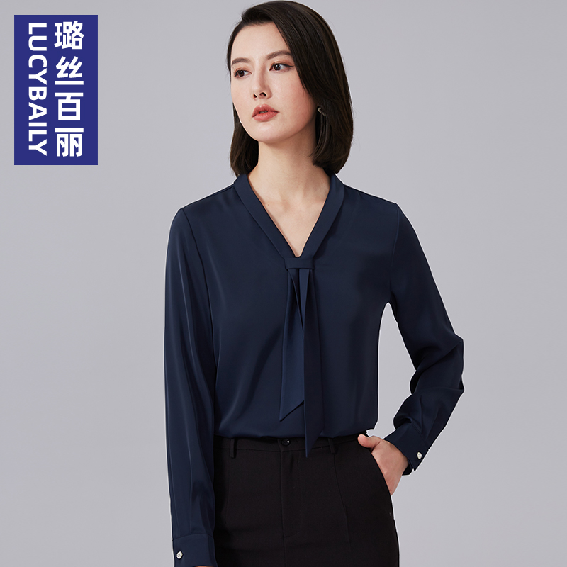 职业长袖雪纺藏蓝色飘带衬衫女
