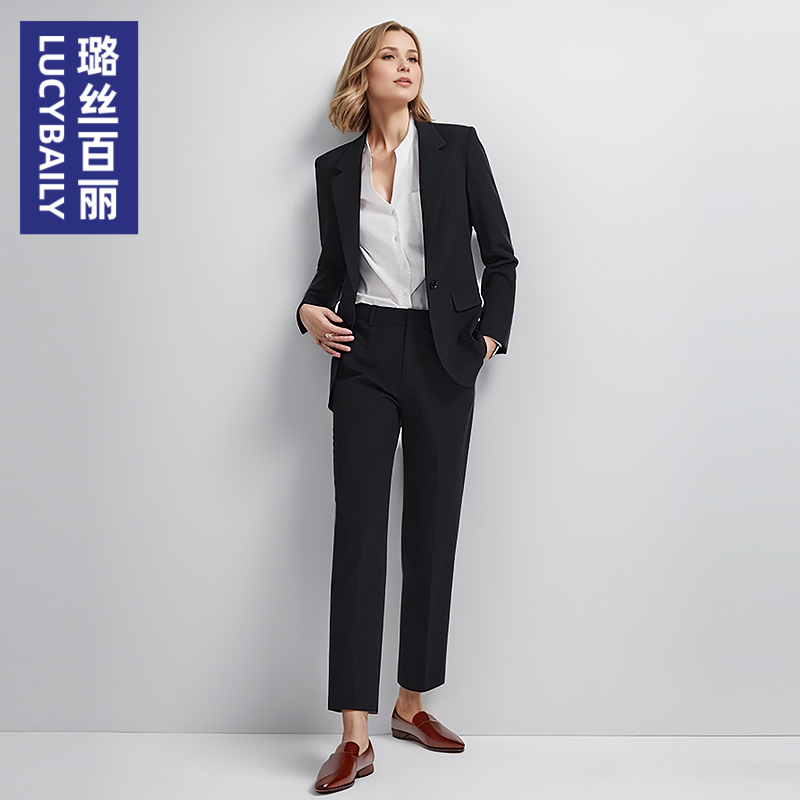 璐丝百丽黑色高级感西装套装女时尚气质金属扣面试职业正装套装