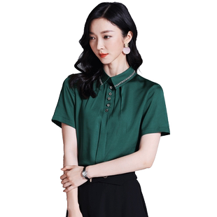 璐丝百丽墨绿色雪纺衫女短袖夏季职业衬衣时尚洋气小衫遮肚子上衣