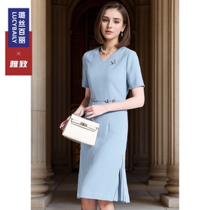 【雅致】璐丝百丽连衣裙女2026新款夏季V领短袖裙子高端时尚气质