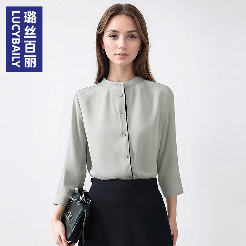 璐丝百丽立领七分袖衬衫女2025新款时尚雪纺衬衣百搭显瘦职业
