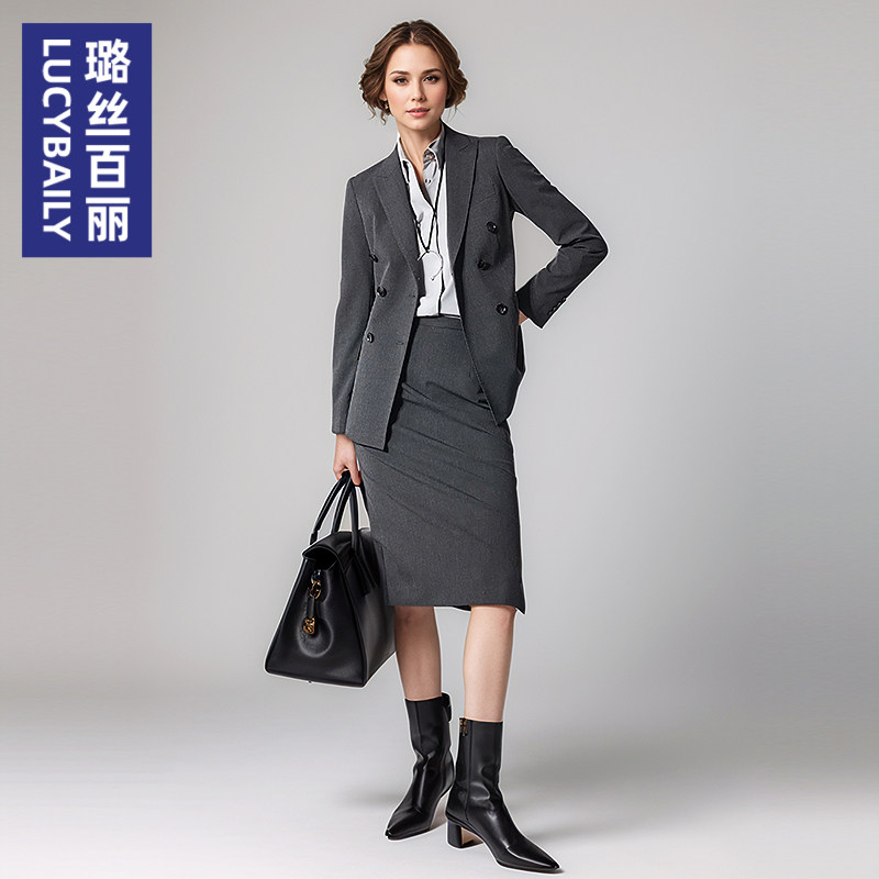 璐丝百丽灰色西装套裙女高级感面试通勤OL商务正装设计感西服外套