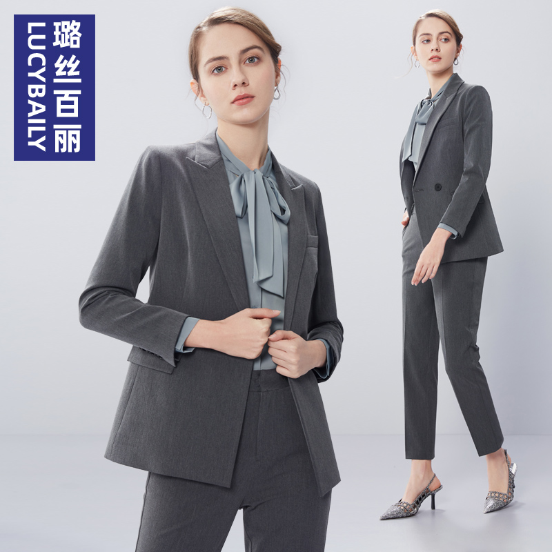 璐丝百丽灰色西服套装女时尚气质春秋ol高端职业装工作服女士西装
