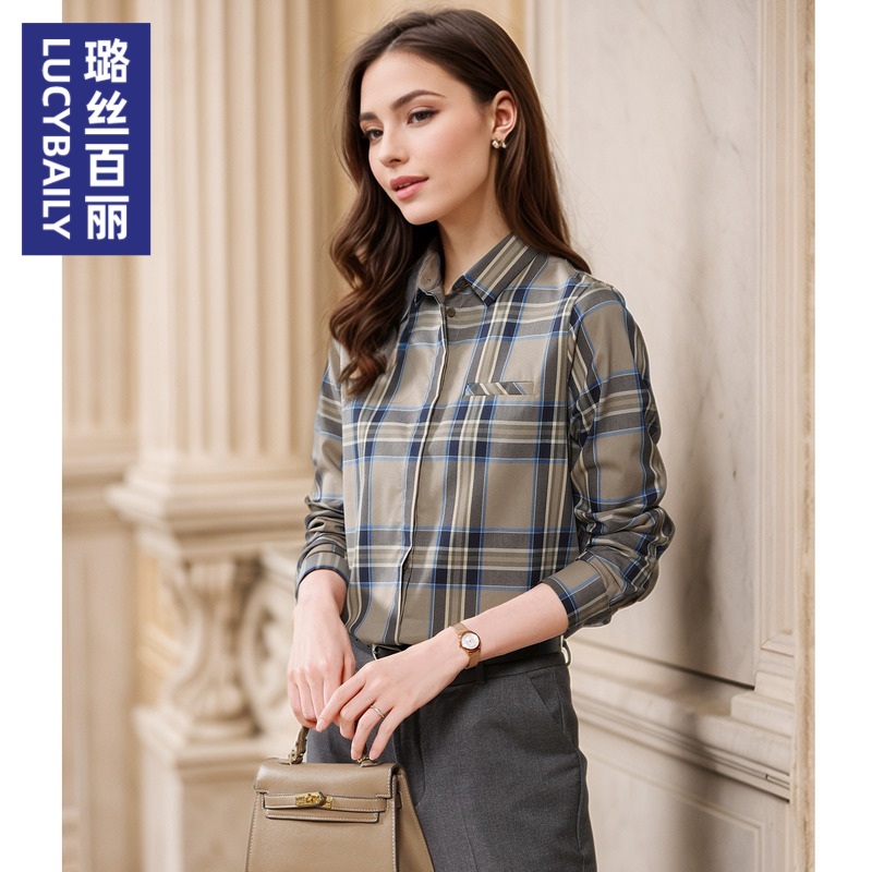 璐丝百丽2025新款时尚女装法式高级格子衬衣春秋百搭衬衫气质通勤