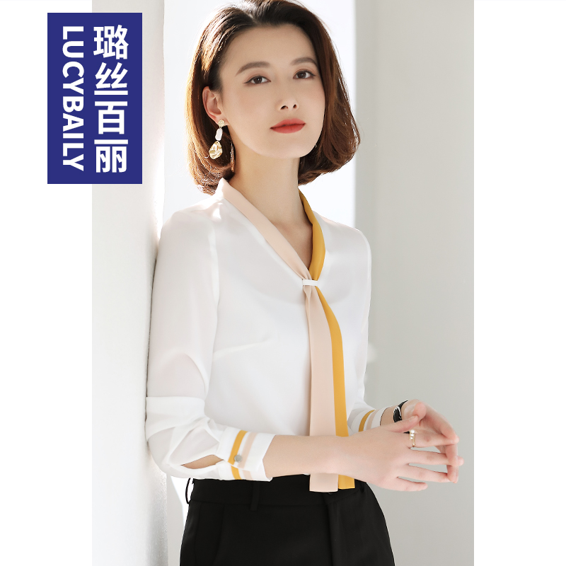 飘带白色雪纺衬衫长袖时尚上衣